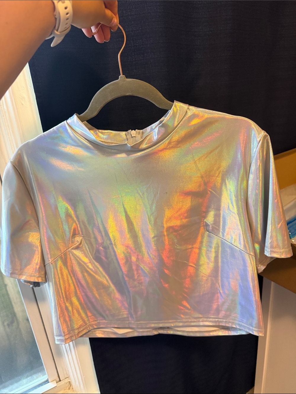 Allegra K Iridescent Silver Holographic Crop Top